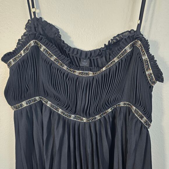 Express Design Top Women's M Black Silk Plisse Babydoll Empire Waist Beaded - Picture 3 of 11